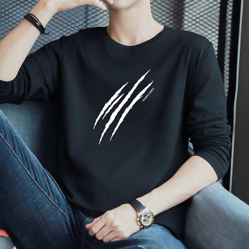 秋季长袖t恤男士纯棉圆领上衣服潮流内搭黑色打底衫男生薄款体恤