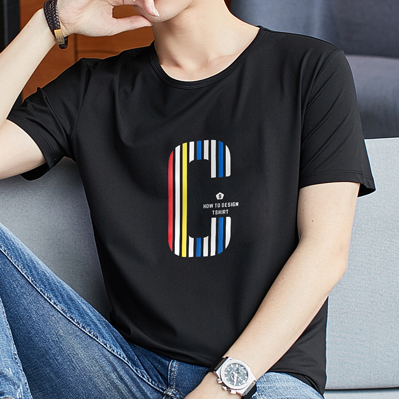 2019新款莫代尔男士短袖潮流黑色印花学生韩版冰丝夏季男装圆领丅券后49.00元
