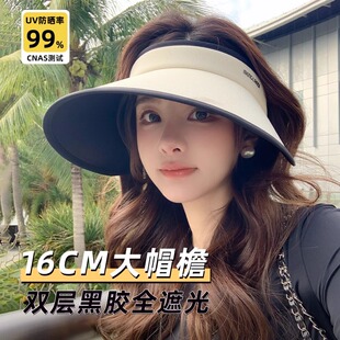 大帽檐空顶帽子女2024新款防紫外线遮脸黑胶防晒太阳帽夏季