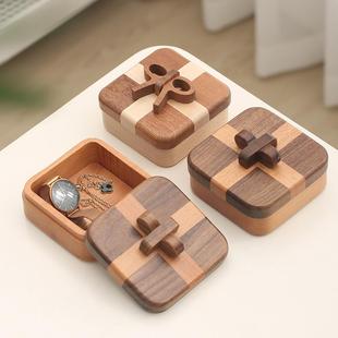 黑胡桃木收纳盒实木便携首饰盒黄金珠宝戒指耳环项链小号饰品盒