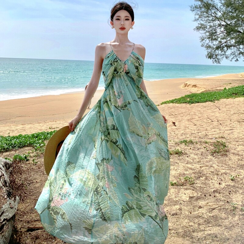 实拍屿海之约薄荷绿碎花吊带挂脖连衣长裙春夏度假沙滩裙子