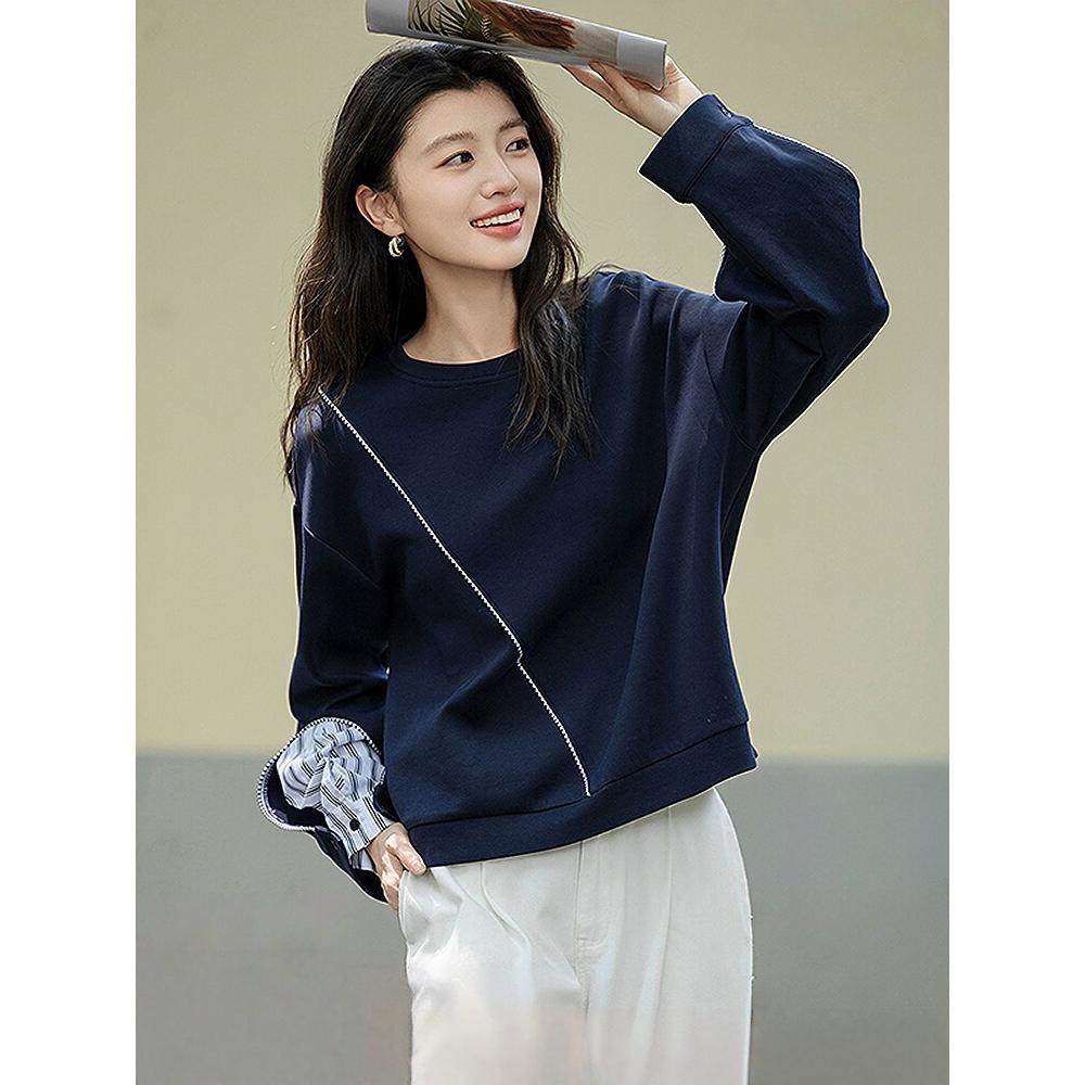 德玛纳假两件拼接条纹卫衣女25T恤