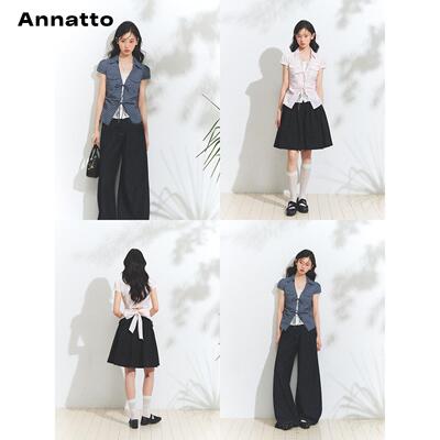 ANNATTO 赴野 原创韩系假两件衬衫蕾丝系带收腰蝴蝶结短袖上衣女