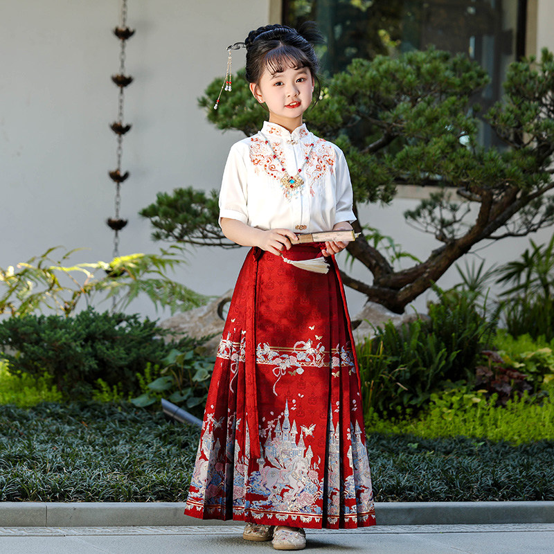 马面裙女童套装夏季2025新款汉服短袖新中式儿童织金中国风唐装夏