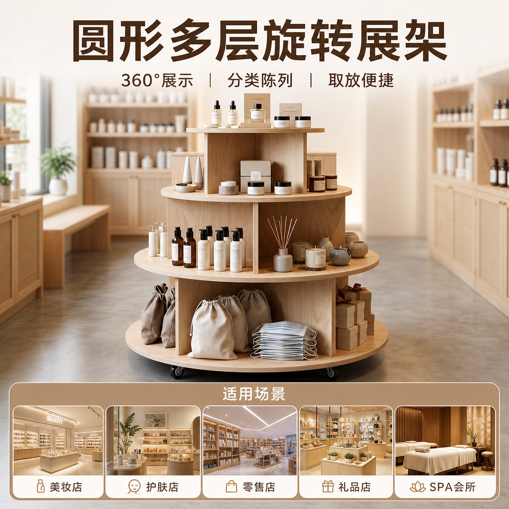 多层实木圆形展示中岛台商品展览展示可移动门店会展艺术品展览厅图片