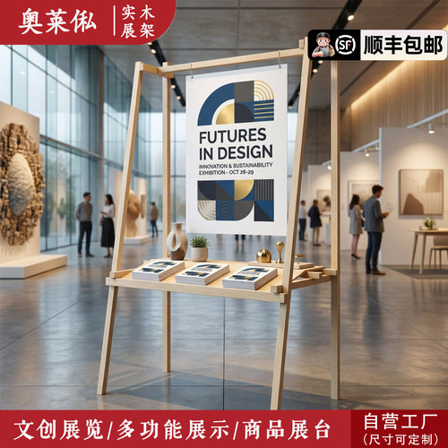 商用广告展台展会KT板海报展示架实木多层陈列展台文创展览中岛台