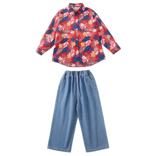 儿童街舞潮服男女童复古港风花衬衫嘻哈套装夏学生团体舞蹈演出服