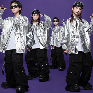 儿童街舞潮服女童爵士舞蹈服男童嘻哈炫酷银色皮衣外套元 旦演出服