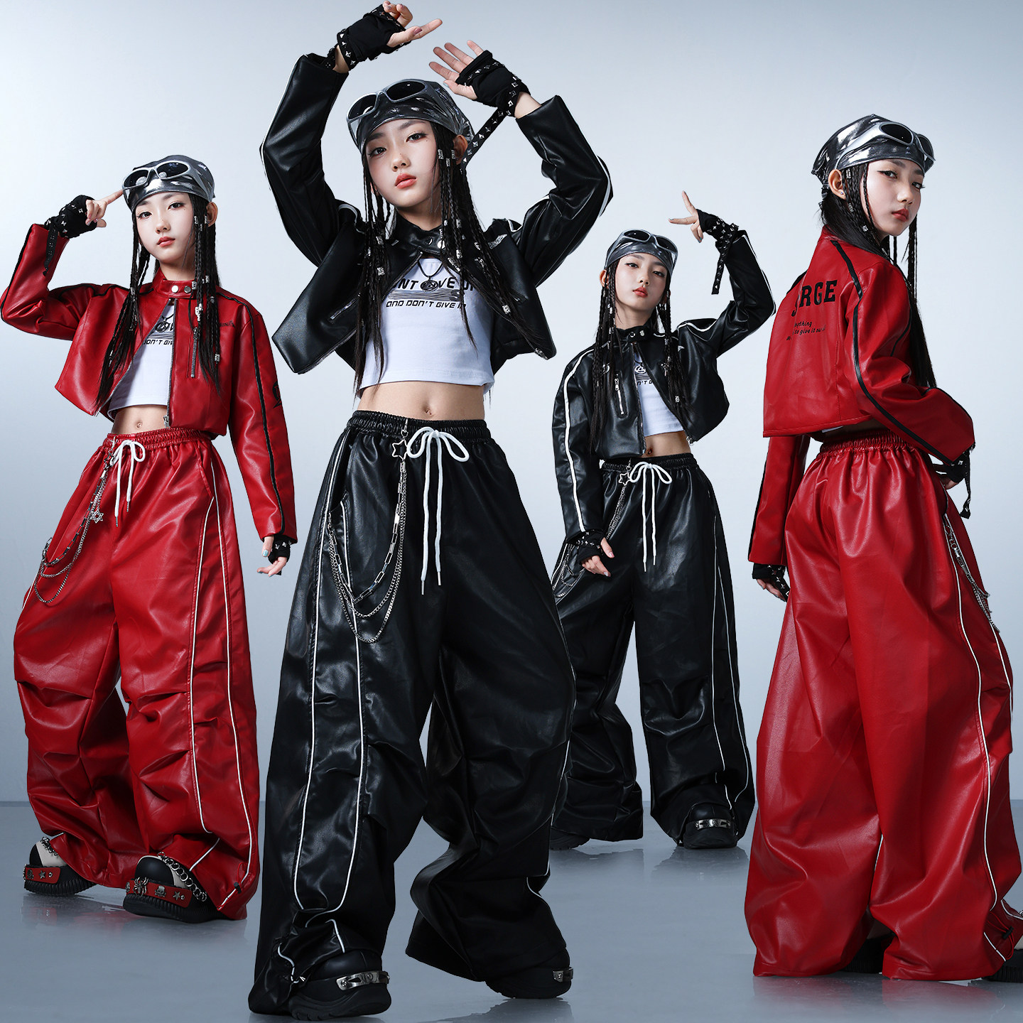 元旦女童爵士舞演出服少儿炸街走秀潮服女孩个性嘻哈jazz皮衣套装