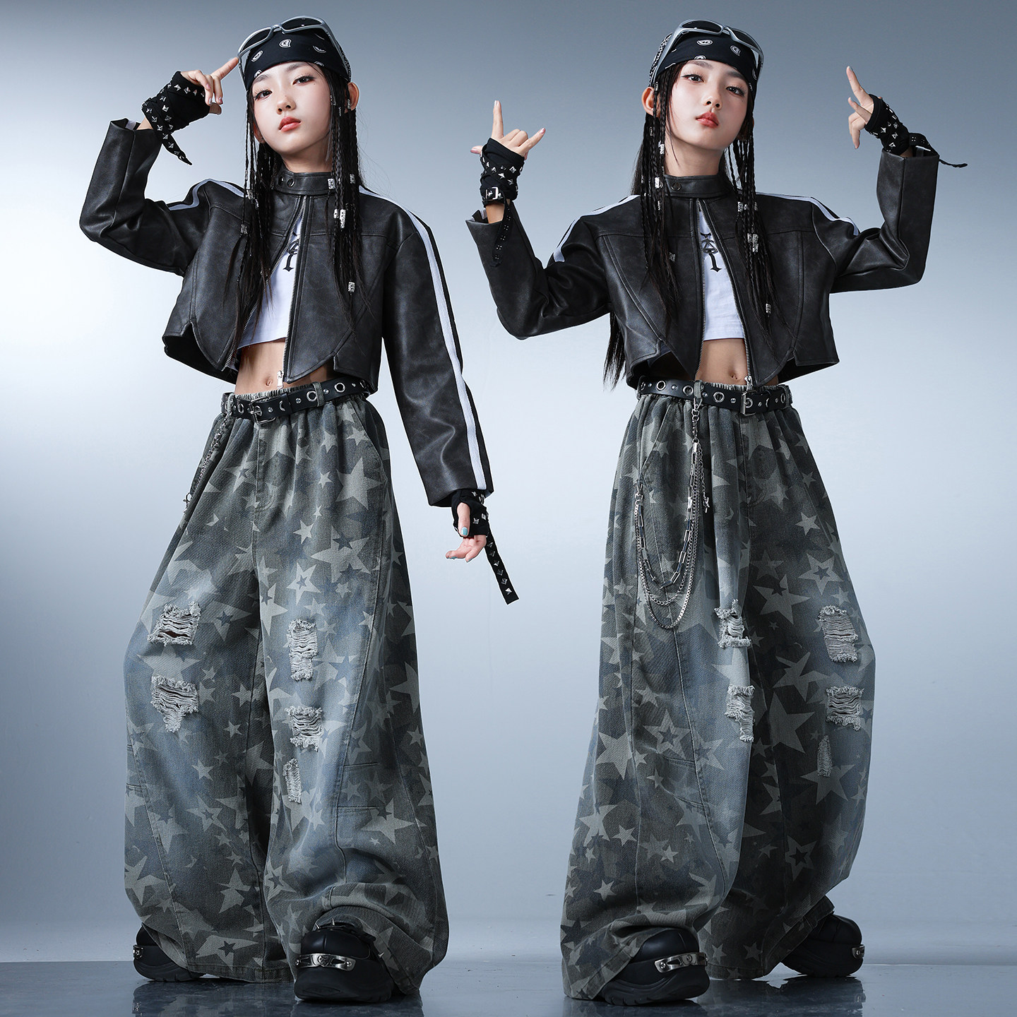 女童爵士舞演出潮服美式皮衣女孩嘻哈破洞牛仔裤儿童时髦街舞穿搭