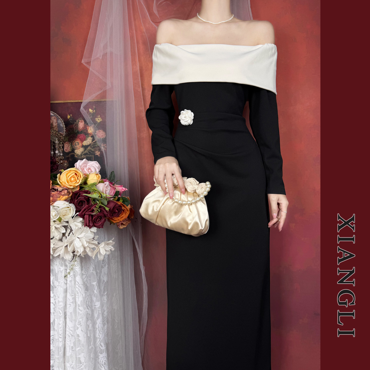 巷里法式一字肩黑色连衣裙秋冬赫本显瘦气质高级晚会订婚开叉礼服,女装/女士精品,连衣裙,淘宝优惠券,粉丝福利购,淘宝优惠卷