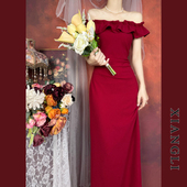 巷里法式 复古连衣裙夏一字肩赫本显瘦气质订婚敬酒开叉小礼服长裙