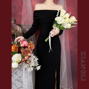 巷里法式 复古黑色连衣裙秋一字肩赫本显瘦气质轻奢开叉小礼服长裙