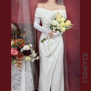 巷里法式 复古连衣裙秋一字肩赫本显瘦气质订婚登记开叉礼服小白裙