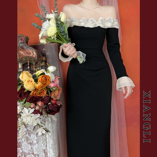 巷里法式 一字肩赫本拼接显瘦气质小礼服中长裙 复古黑色连衣裙秋季