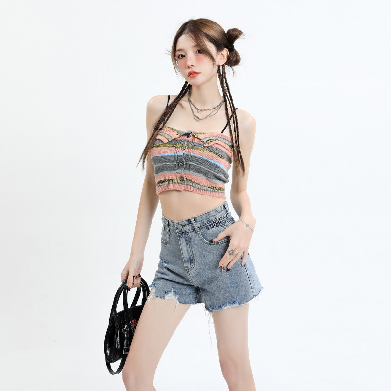 Fiber art 浅色女生夏季牛仔短裤韩版显瘦毛边破洞搭抹胸时尚款