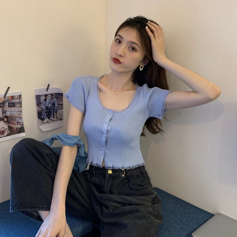 开衫蕾丝边新款针织短款t恤女生修身露腰上衣2025夏性感打底衫女