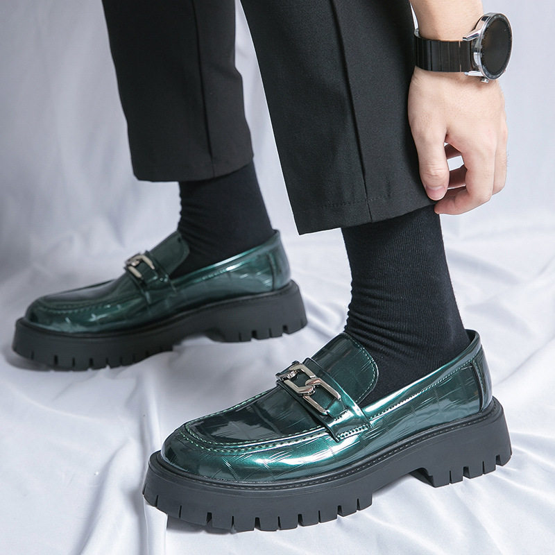 运动三叶草2023新款大码46流苏乐福鞋男漆皮亮面粗跟厚底发型师