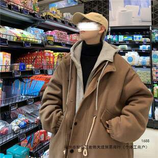 冬季加厚毛呢外套男潮ins港风连帽呢子大衣中长款潮牌假两件棉服