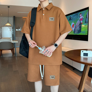 ZL22*P53 华夫格polo衫短袖两件套男夏季新款翻领t恤宽松休闲套装图片