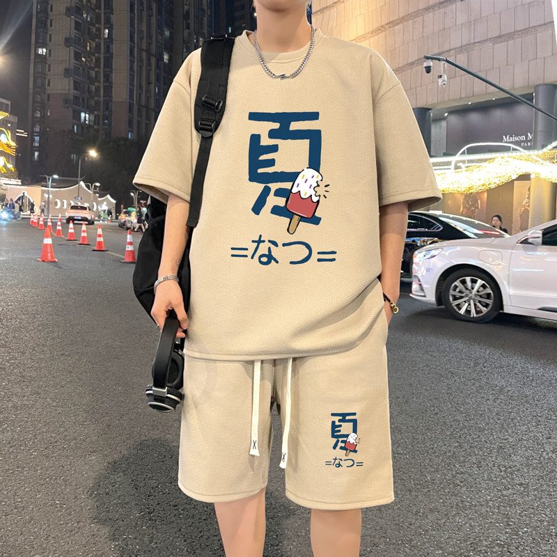 ZT112*P48风休闲运动套装男生夏季潮牌痞帅短袖T恤五分裤两件套图片