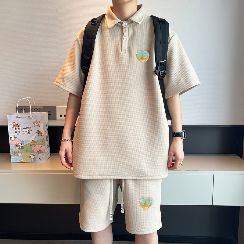 ZL05*P58华夫格运动套装男夏季美式短袖重磅翻领t恤五分裤两件套,男装T恤,星座414A（原B215）