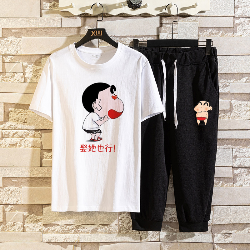 蜡笔小新联名短袖休闲两件套装潮牌INS衣服夏季半截袖T恤P40图片