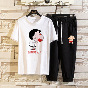 蜡笔小新联名短袖休闲两件套装潮牌INS衣服夏季半截袖T恤P40图片