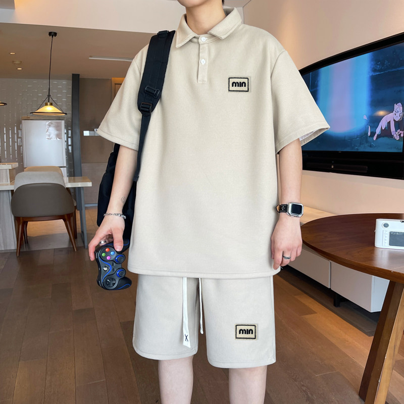 ZL22*P53华夫格polo衫短袖两件套男夏季新款翻领t恤宽松休闲套装,男装T恤,星座414A（原B215）