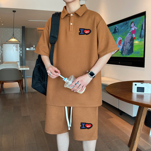 ZL21*P53 华夫格polo衫短袖两件套男夏季新款t恤重磅宽松休闲套装图片