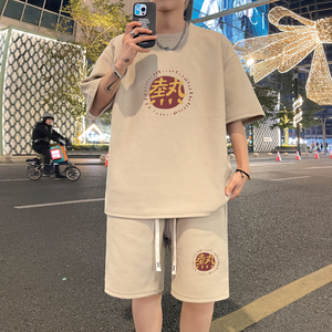 ZT113*P48中式休闲运动套装男生夏季潮牌痞帅短袖T恤五分裤两件套图片