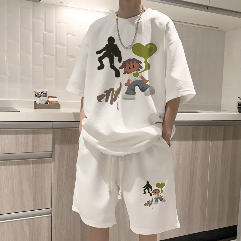 ZT63*P48华夫格运动套装男夏季潮牌重磅短袖痞帅T恤五分裤两件套,男装T恤,星座414A（原B215）