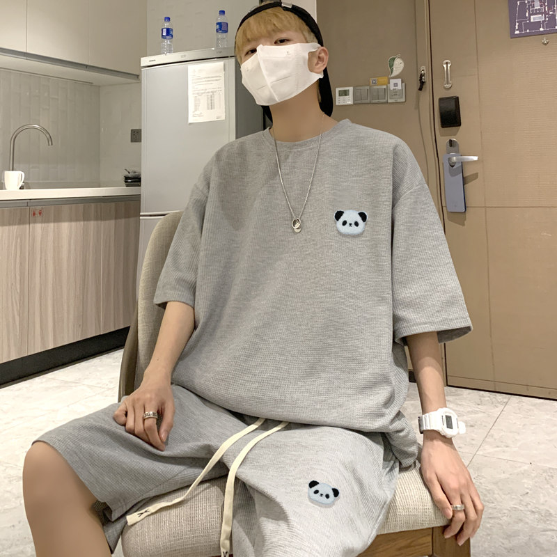 ZT104*P48华夫格运动套装男士夏季潮牌重磅短袖痞帅五分裤两件套，男装休闲套装，电商B215