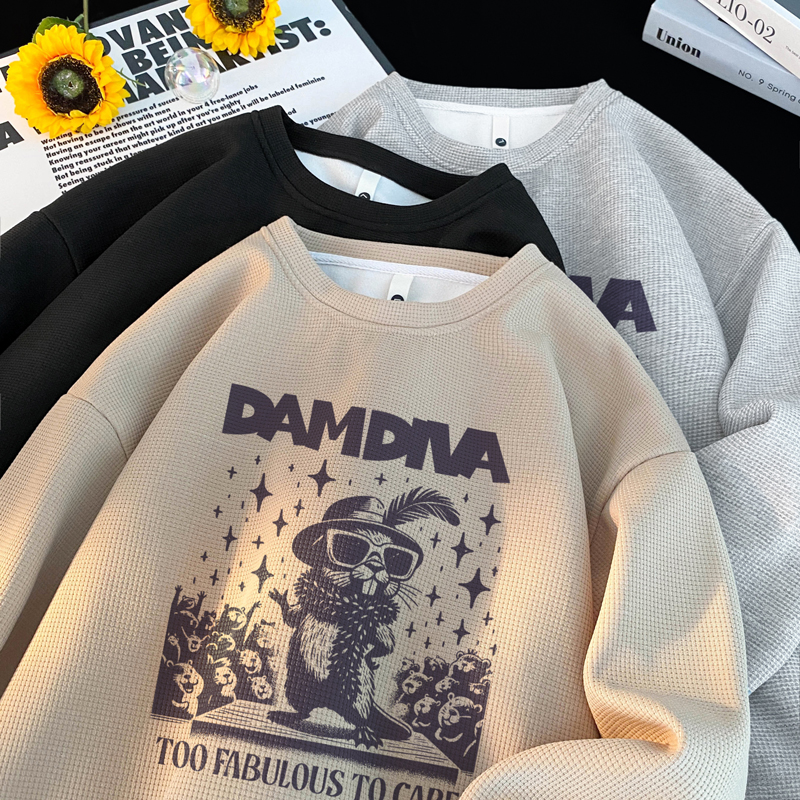 6830*P28华夫格重磅潮牌美式圆领卫衣男宽松秋冬季简约百搭上衣，男装卫衣，星座414A（原B215）