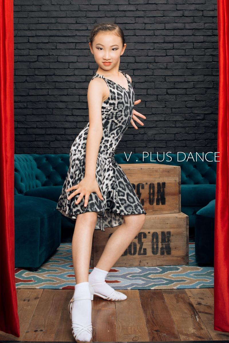 plus dance高雪 少儿拉丁舞吊带背心半裙套装 练习服 黑灰豹纹