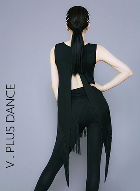 V.PLUS DANCE高雪 黑色流苏后开叉上衣 拉丁舞练习服女 舞蹈服