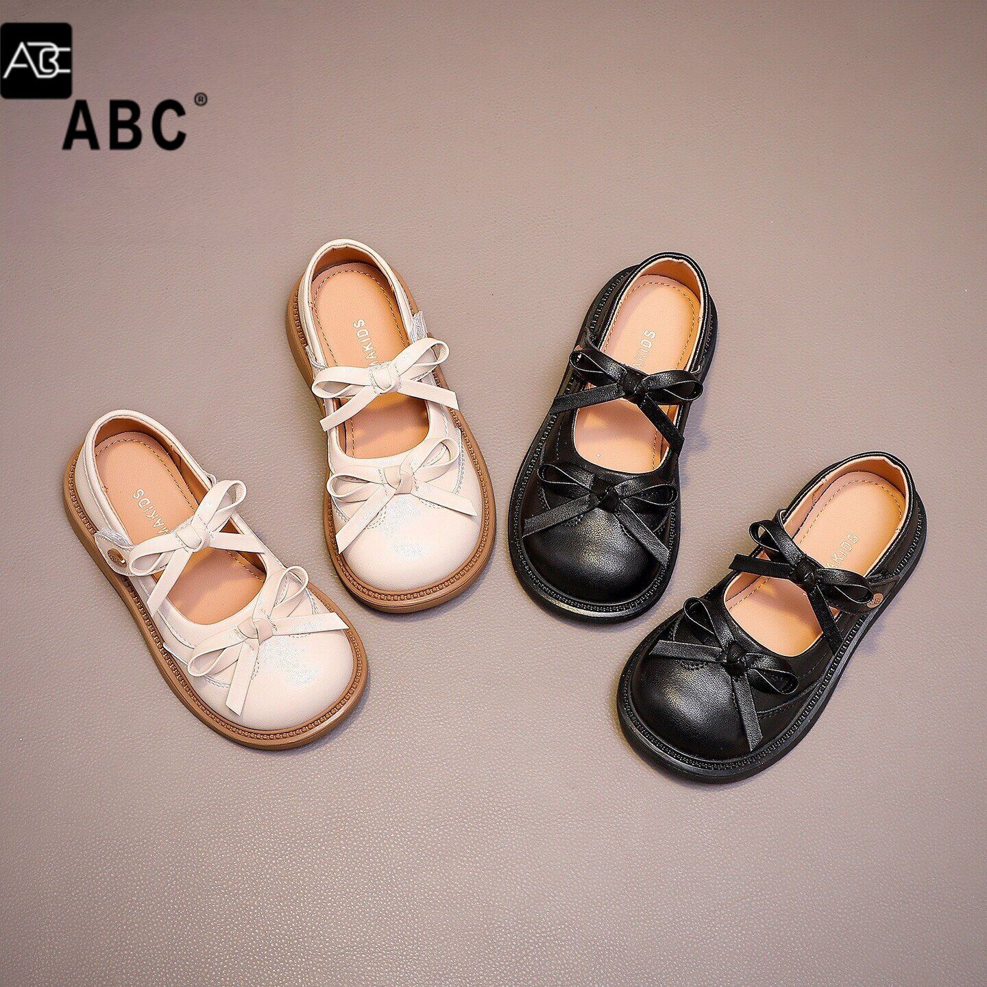 ABC真皮女童蝴蝶结软底防滑鞋图片