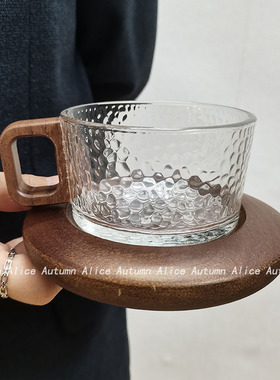 复古锤目纹玻璃咖啡杯碟套装中古小众设计感拉花拿铁杯下午茶水杯