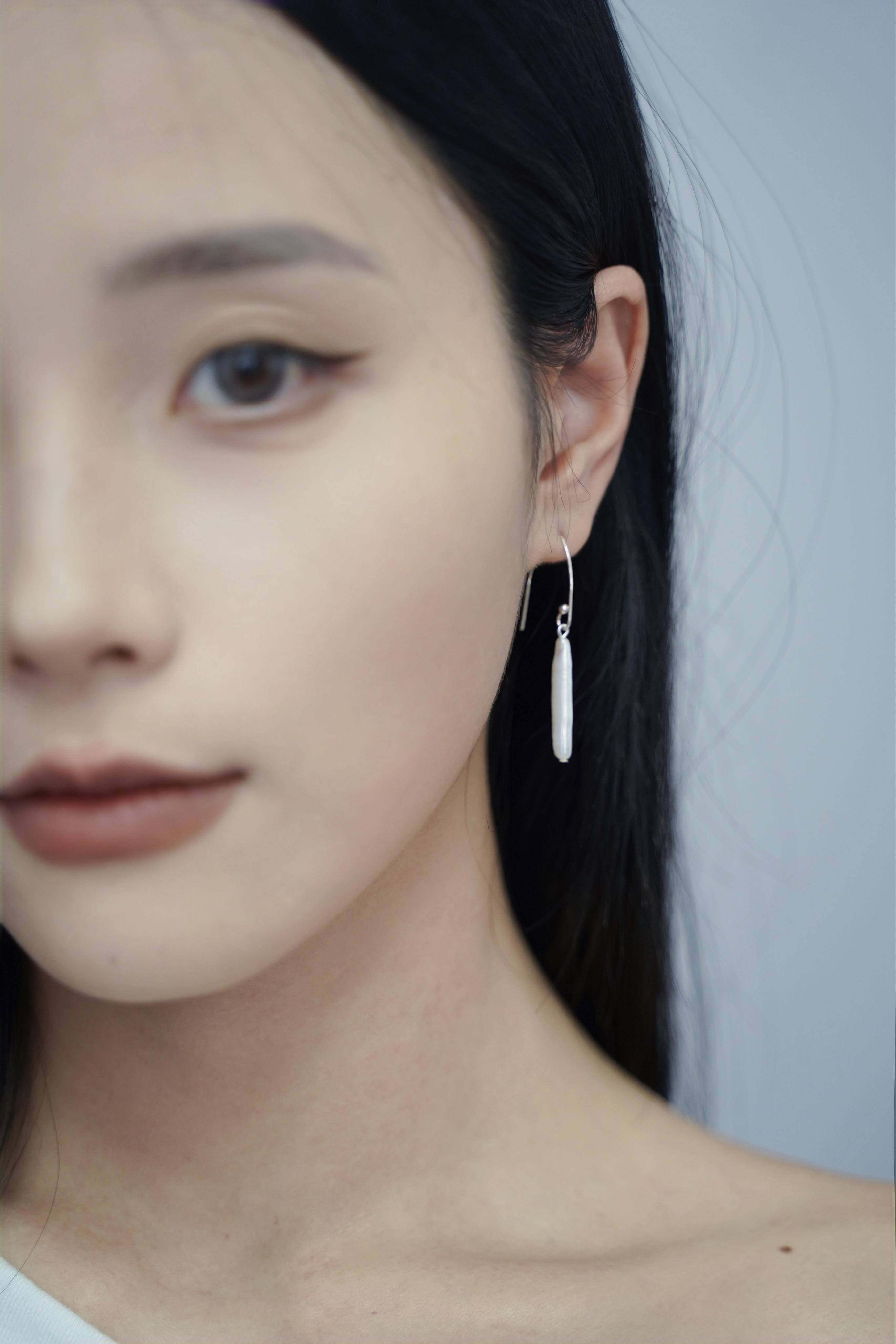 原创新中式国风耳环天然淡水珍珠巴洛克小银条纯银长款流苏耳环