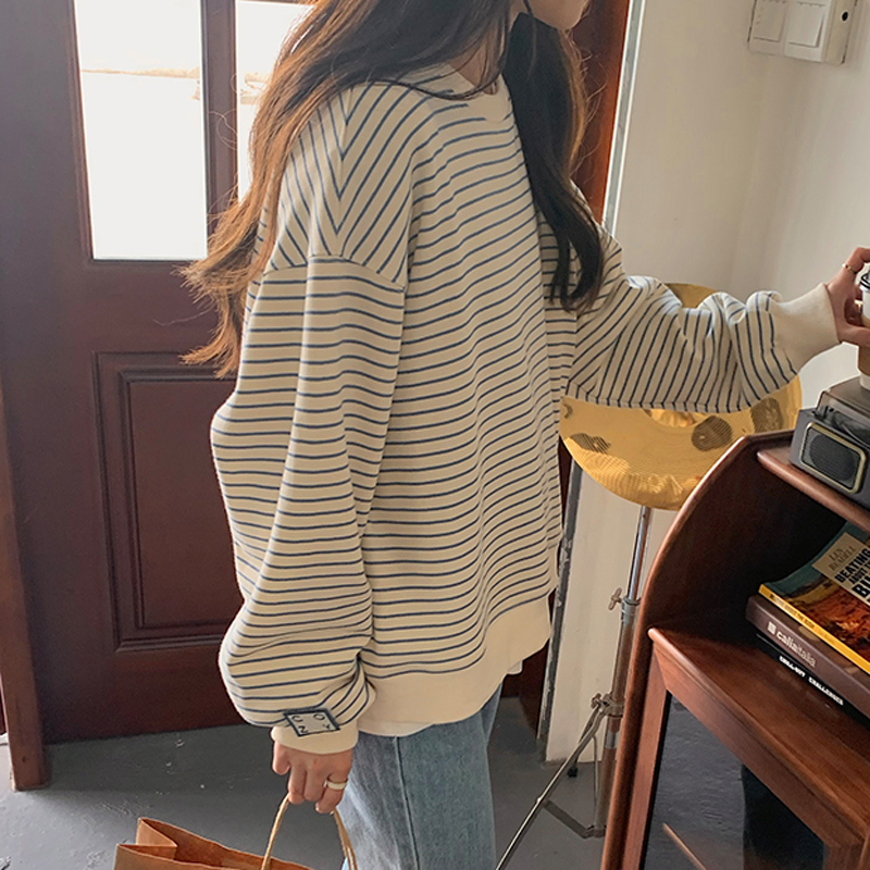 鱼鳞布6535棉 秋季薄款卫衣女圆领条纹+袖子刺绣