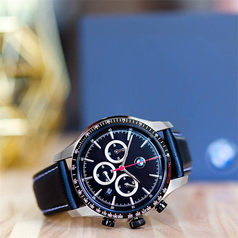 正品bmw宝马手表男 三眼计时黑盘经典商务休闲皮带腕表bmw7001