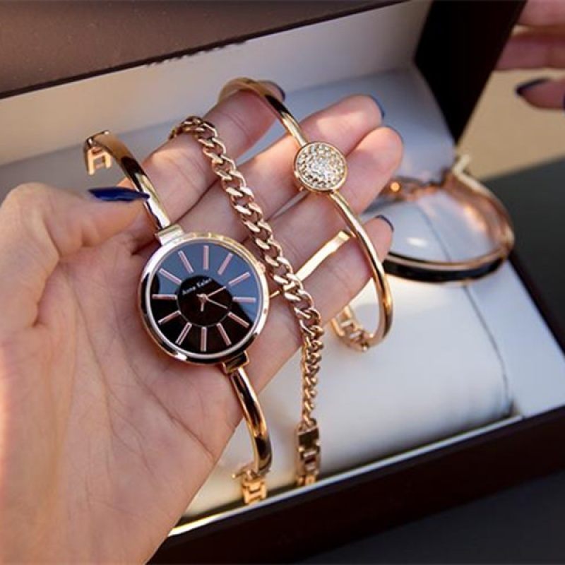 代购 Anne Klein AK时尚手镯套装黑金色休闲时装女款手表1470GBST
