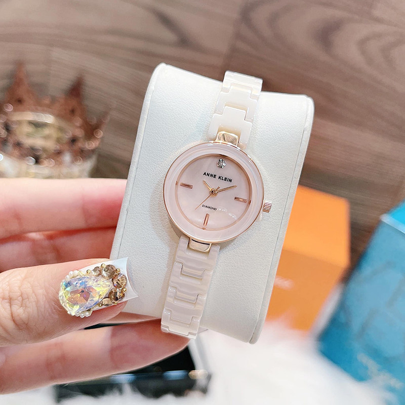 anne klein手表女安妮克莱因2660lprg浅粉陶瓷镶钻贝母小表盘女表