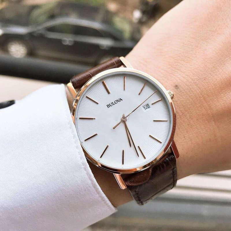 海外代购正品宝路华 Bulova简约时尚玫瑰金商务皮带石英男表98H51