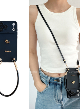 ins小众简约高级感黑色立体小金马适用OPPOReno15/14/13手机壳findx9/x8s/x7斜挎背带手提绳A6新款A3/A5pro女