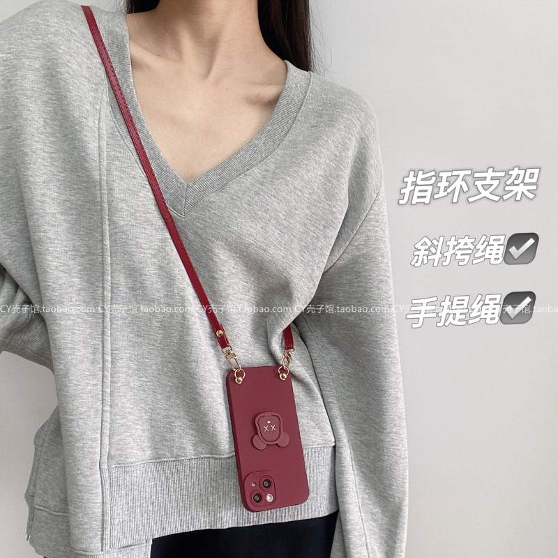 适用opporeno11手机壳reno10酒红色暴力熊指环支架9/8pro斜挎手提绳reno7/5k防摔fingx7女A97/A93/A58保护套