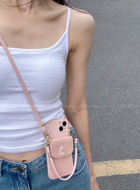 ins少女心甜美粉色可爱小狗卡包手机壳适用华为mate7060斜挎背带pura70手提绳p50简约nova1312pro畅享70x防摔