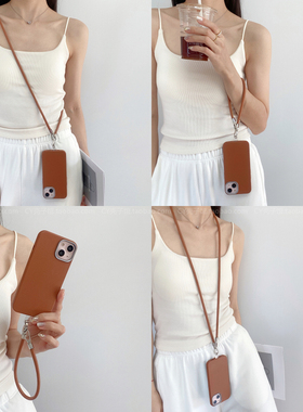 韩系秋冬焦糖色皮质斜挎挂绳手机壳适用15promax/14新款iPhone16pro软壳13小众高级感12简约11手提防摔保护套