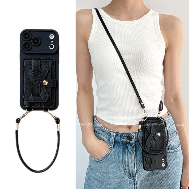 高级感黑色高档插卡包适用iPhone17ProMax手机壳苹果16pro斜挎背带手提绳15promax小众简约14女13防摔保护壳