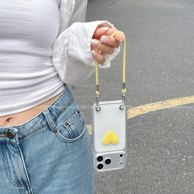 夏日透明奶黄色爱心带挂绳手机壳